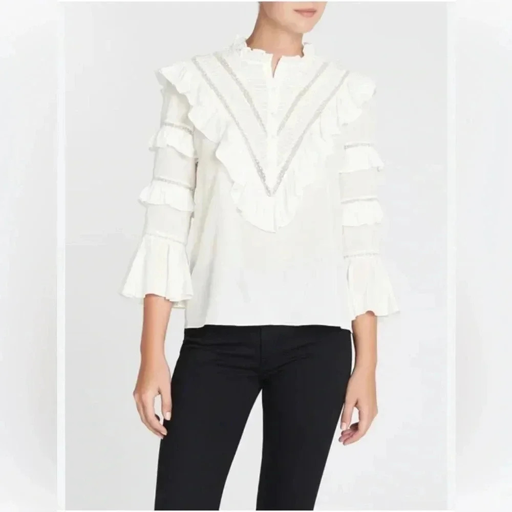 Rebecca Taylor Silk and Lace Blouse in Snow Size 4